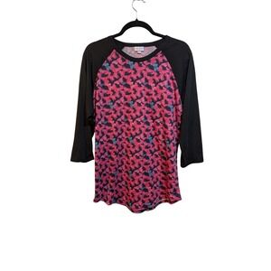 LuLaRoe XL Baseball Tee Shirt Black Red Butterfly Long Sleeve Knit Jersey Casual